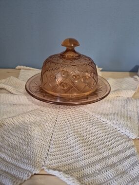 Vintage Mosser Glass Cherry Lattice Pink/Orange Lidded Butter Dish Cheese Dish